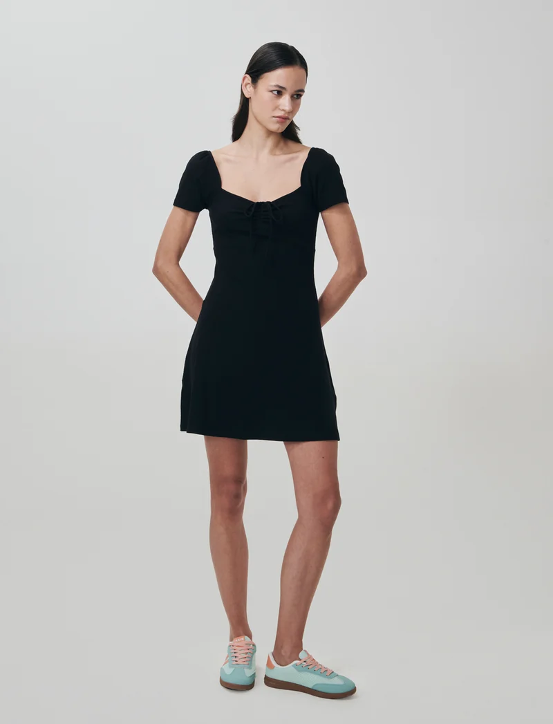 Vestito Corto a Coste con Manica Aletto - Nero