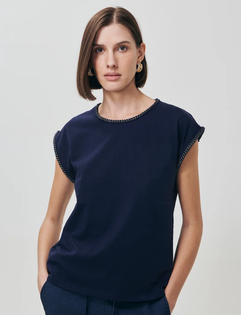 T-Shirt Cotone Manica Corto con Trim - Blu