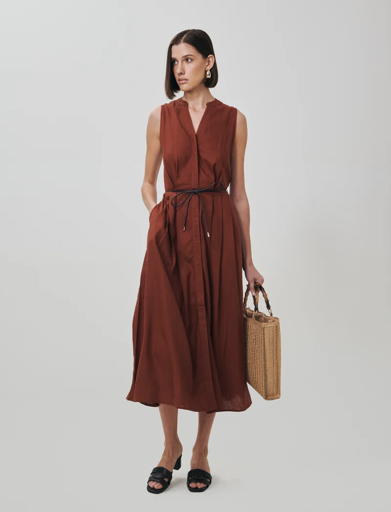 Vestito lungo giro manica con cintura - Cognac