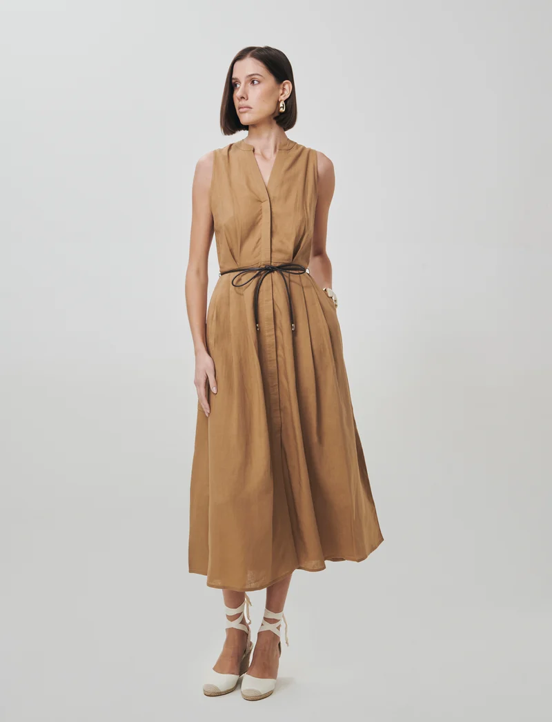 Vestito lungo giro manica con cintura - Cammello