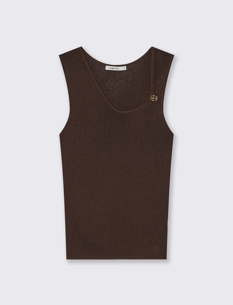 Top in Maglia con Scollo Asimmetrico e Gioiello - Marrone cioccolato