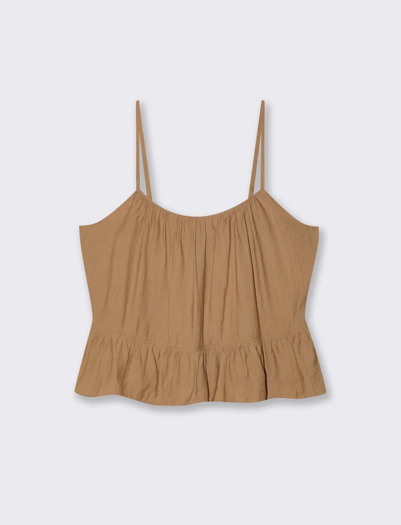 Top con spalline sottili e fondo arricciato - Cammello
