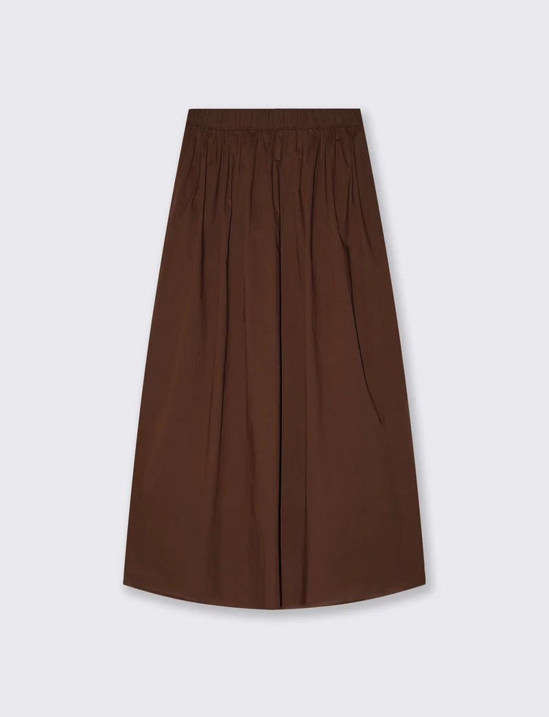 Gonna lunga in cotone con vita arricciata - Marrone cioccolato