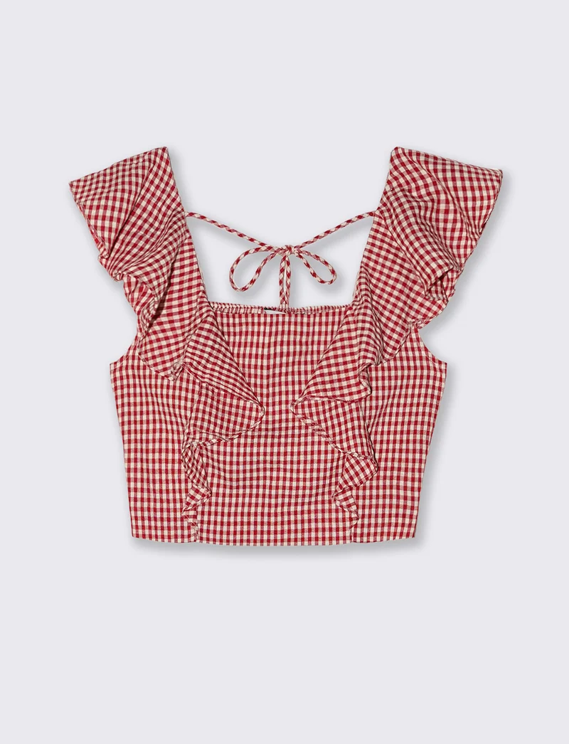 Top corto a quadretti con volant e scollo - Rosso