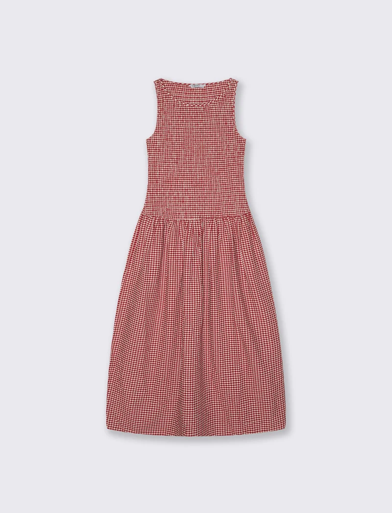 Vestito Smanicato in Stampa Vichy - Rosso