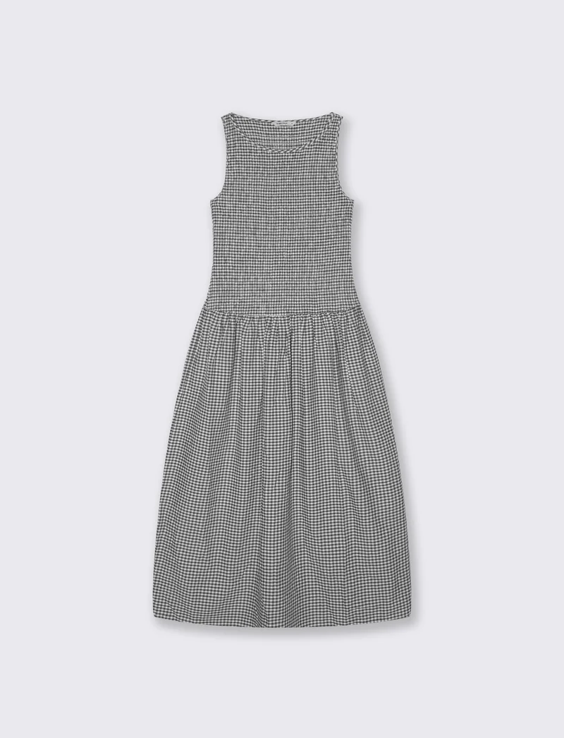 Vestito Smanicato in Stampa Vichy - Nero
