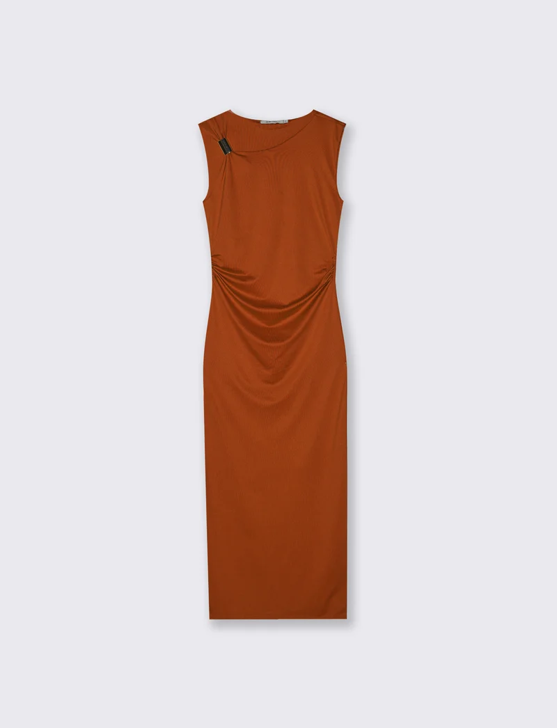 Vestito lungo asimmetrico con gioiello - Cognac