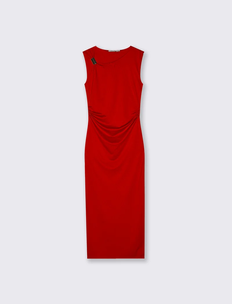 Vestito lungo asimmetrico con gioiello - Rosso