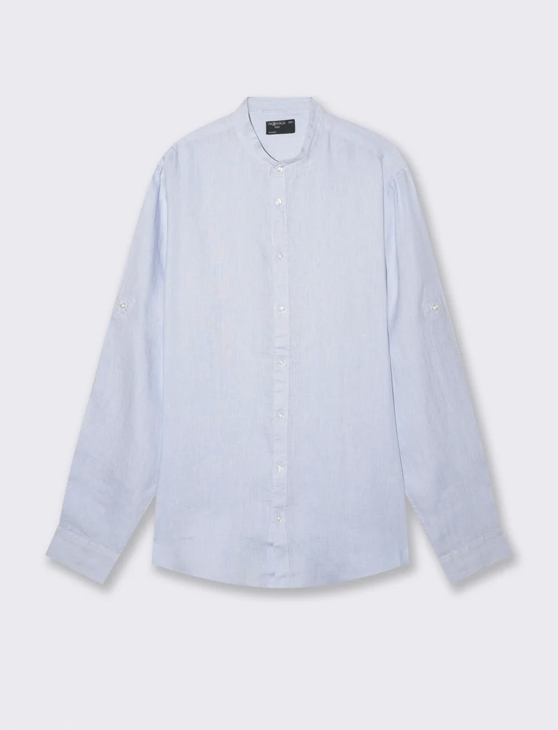 Camicia coreana in puro lino leggero - Celeste polvere