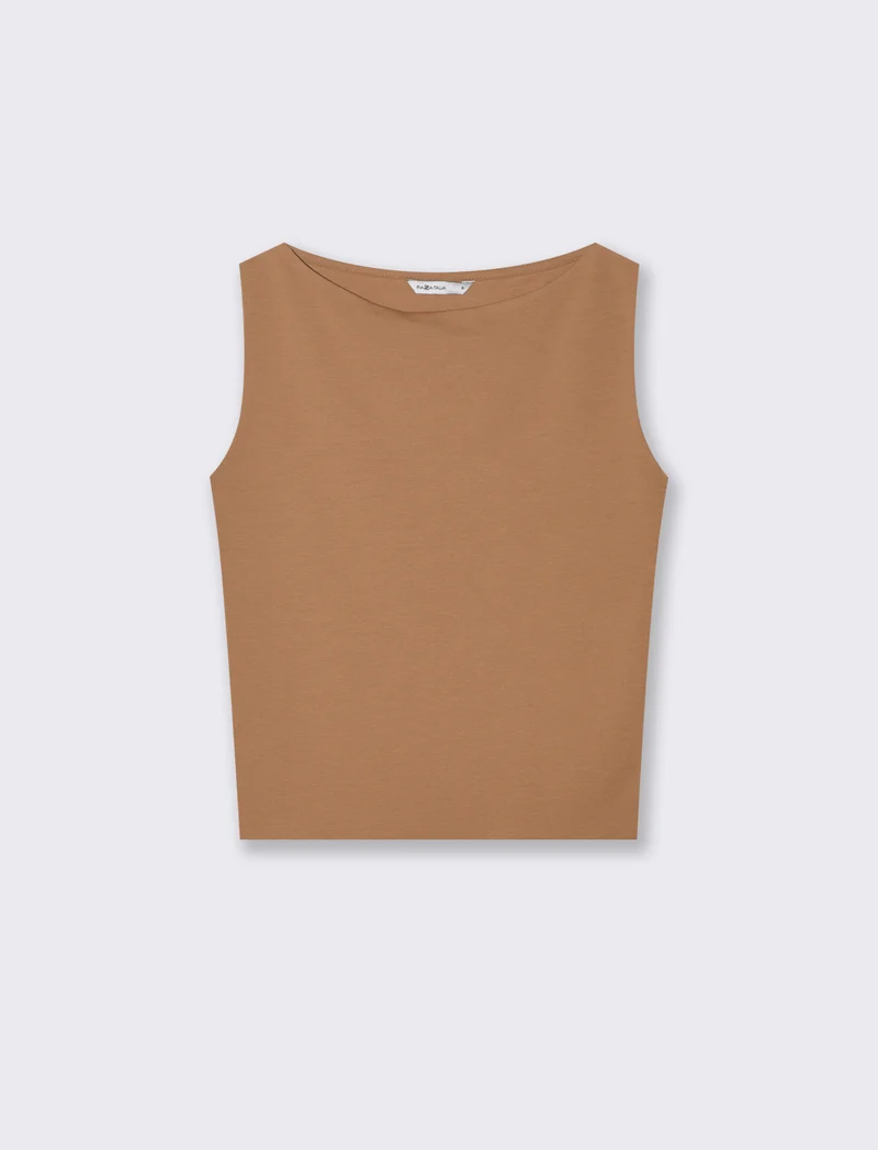 Top smanicato in cotone con scollo barca - Cammello