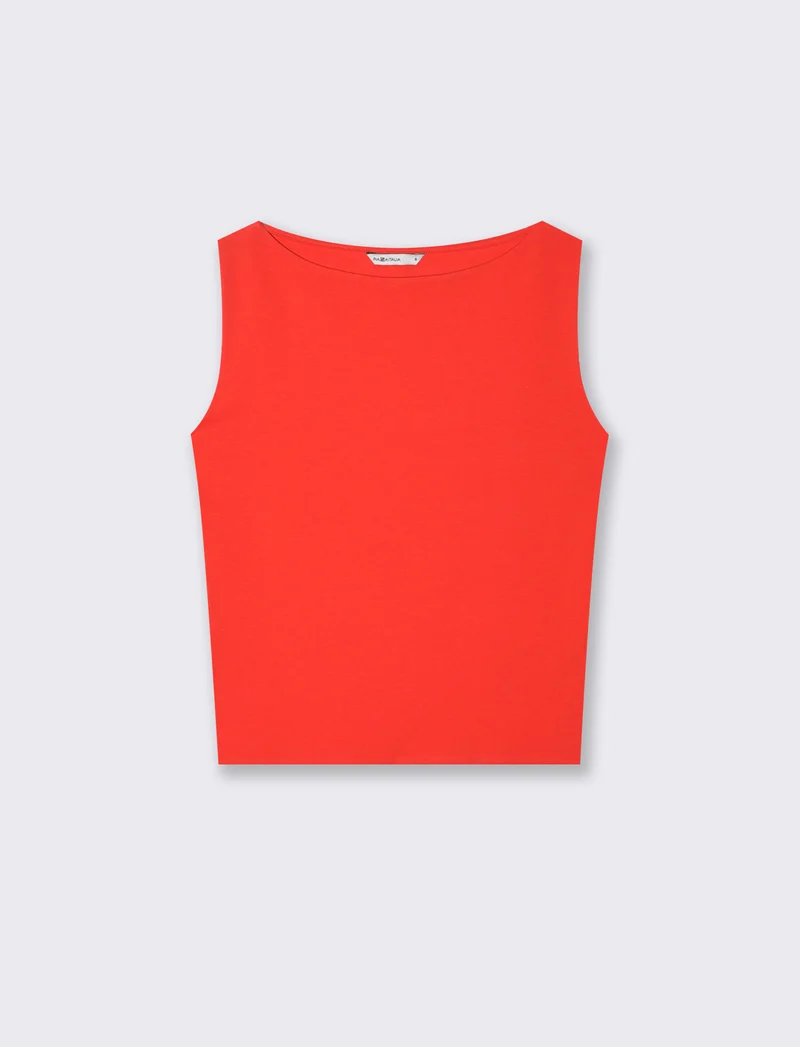 Top smanicato in cotone con scollo barca - Corallo
