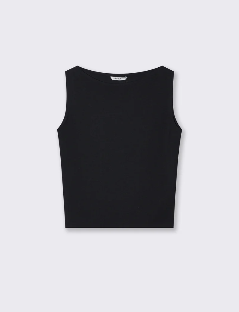 Top smanicato in cotone con scollo barca - Nero