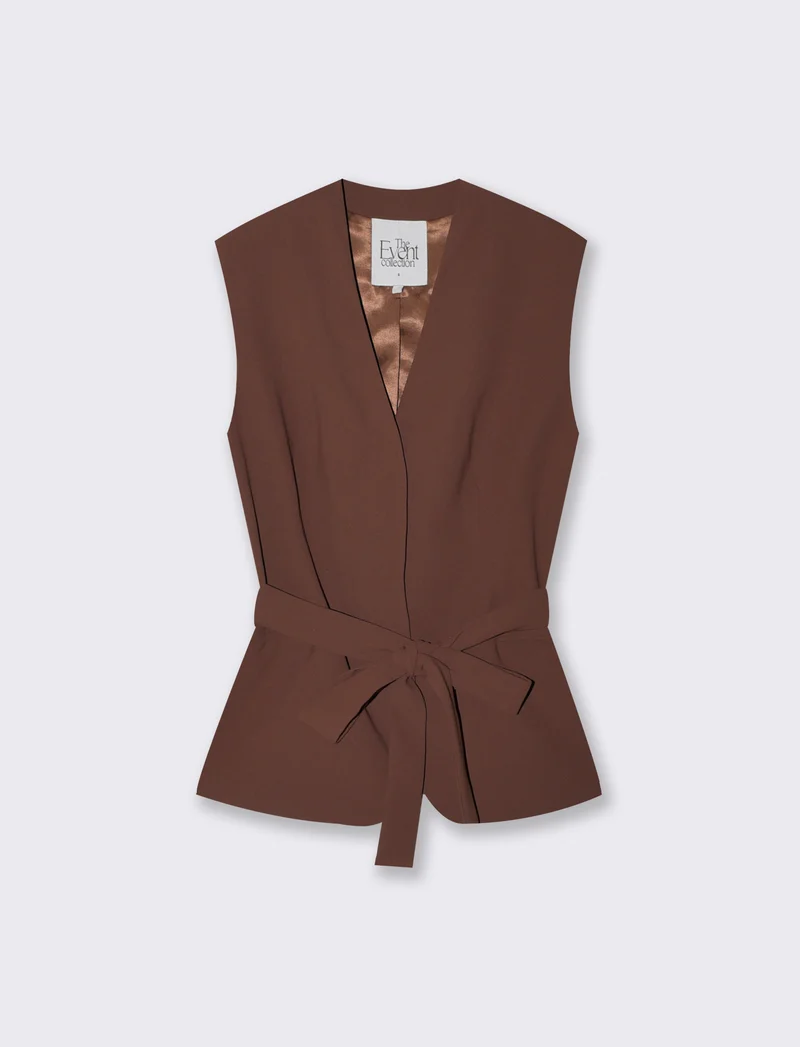 Gilet con Cintura e Scollo a V - Cacao