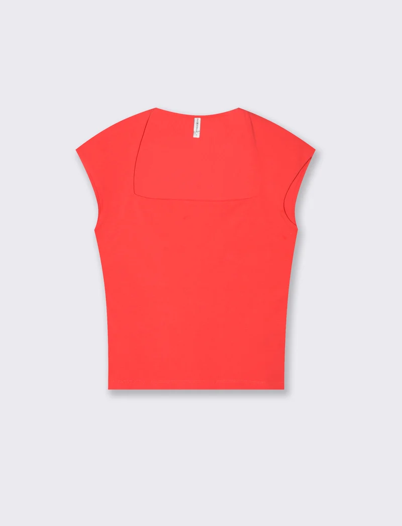 T-Shirt Slim con Spalla Scesa e Scollo Quadrato - Corallo