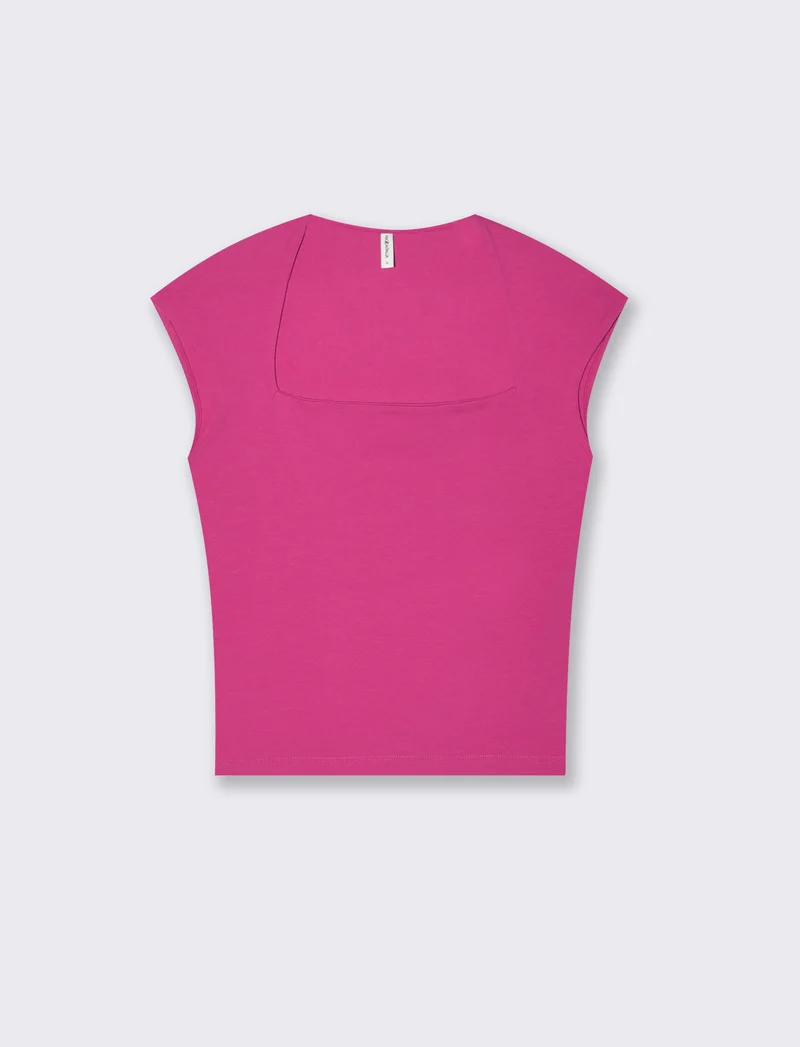 T-Shirt Slim con Spalla Scesa e Scollo Quadrato - Fuxia