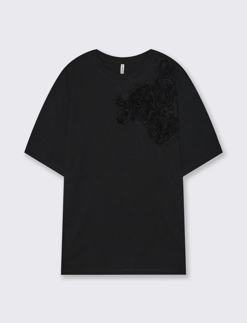 T-Shirt con Fiore Applicato - Nero