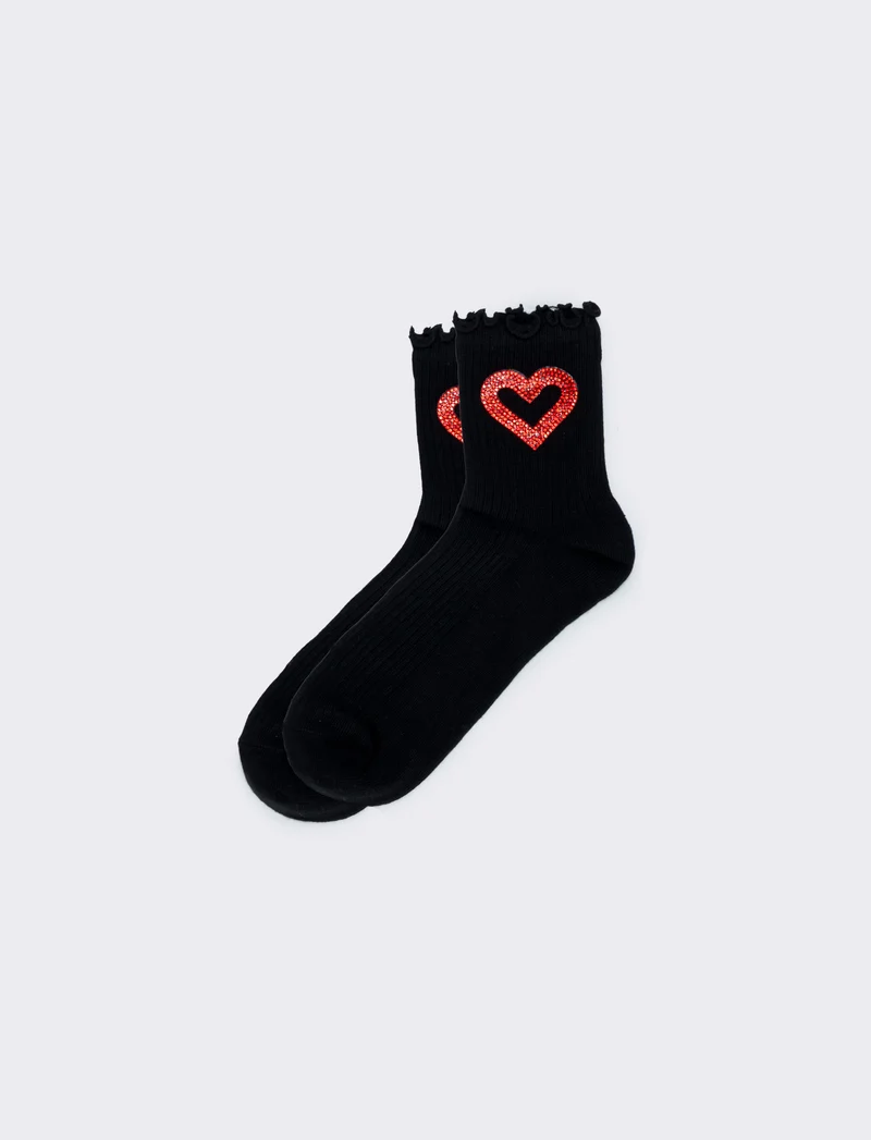Calzino cuore con strass - Nero