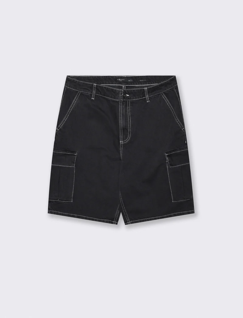 Bermuda Jeans Cargo Baggy Fit Effetto Slavato - Nero