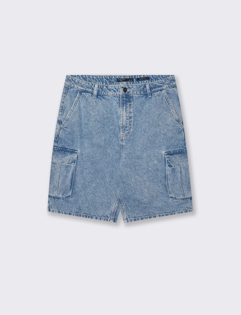 Bermuda Jeans Cargo Baggy Fit Effetto Slavato - Denim