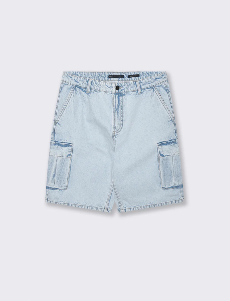 Bermuda Jeans Cargo Baggy Fit Effetto Slavato - Denim chiaro