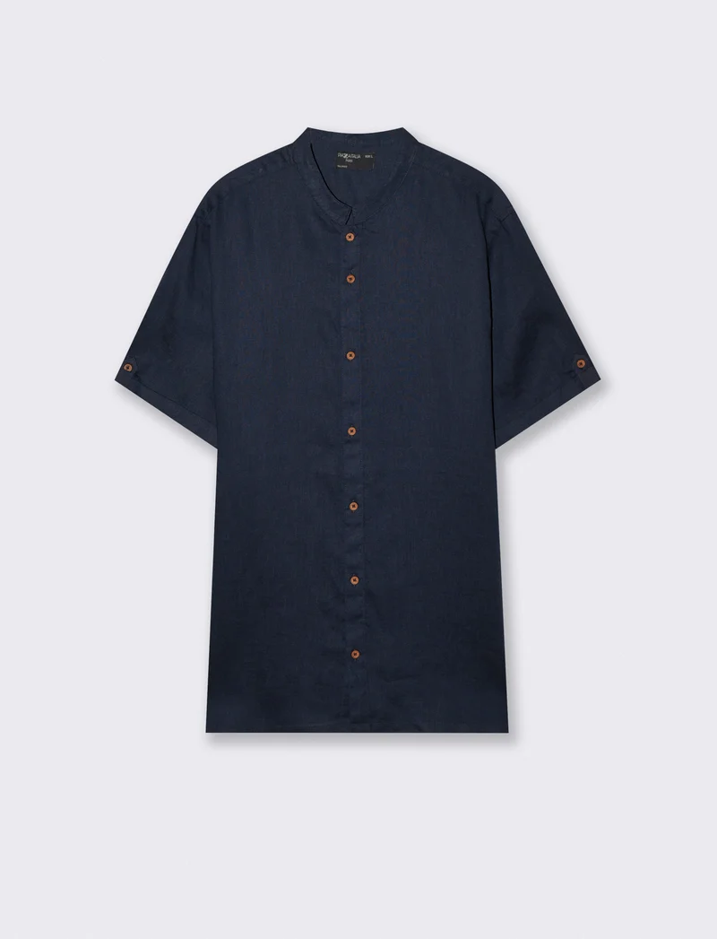 Camicia coreana manica corta in lino - Blu