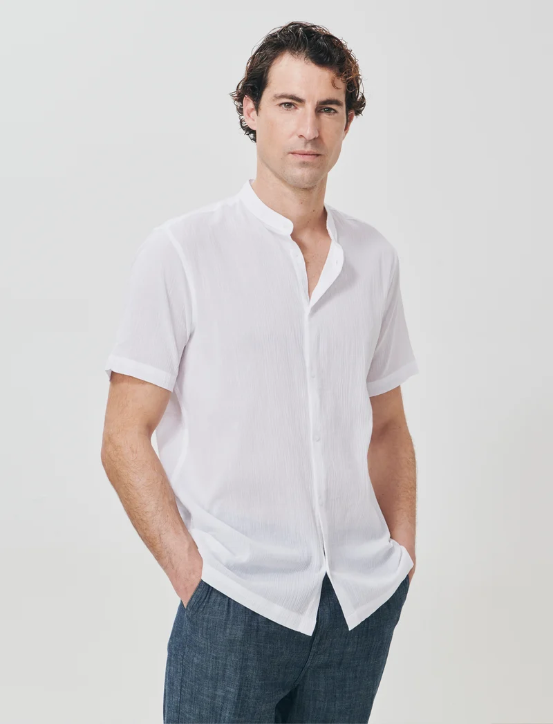 Camicia coreana effetto crepe cotone - Bianco