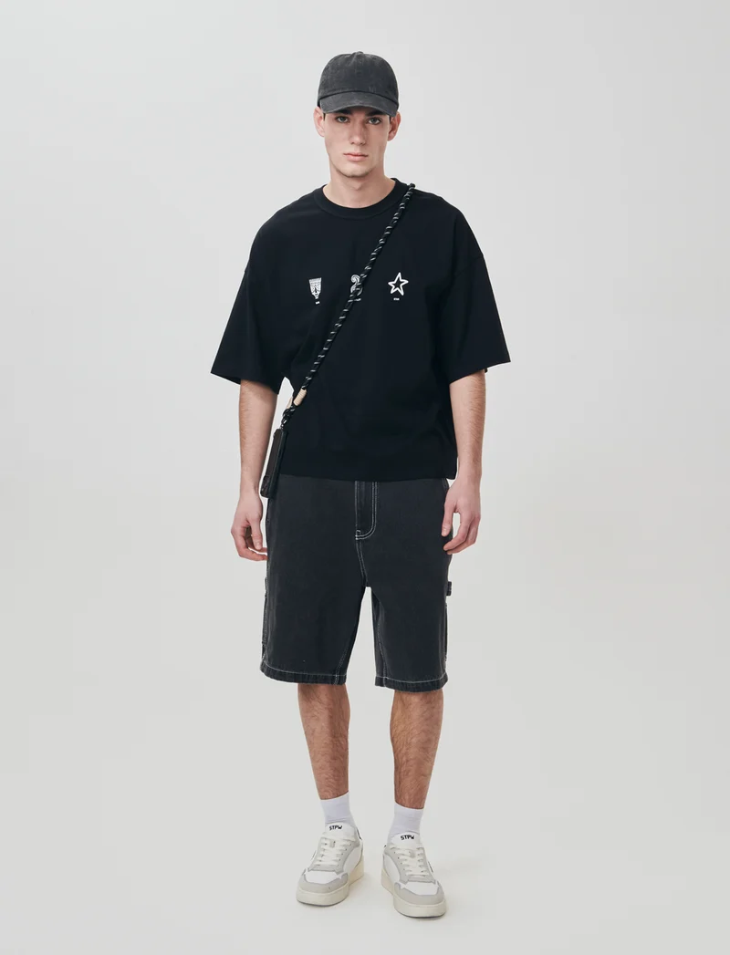 Bermuda Jeans Carpenter Fit Nero Slavato - Nero