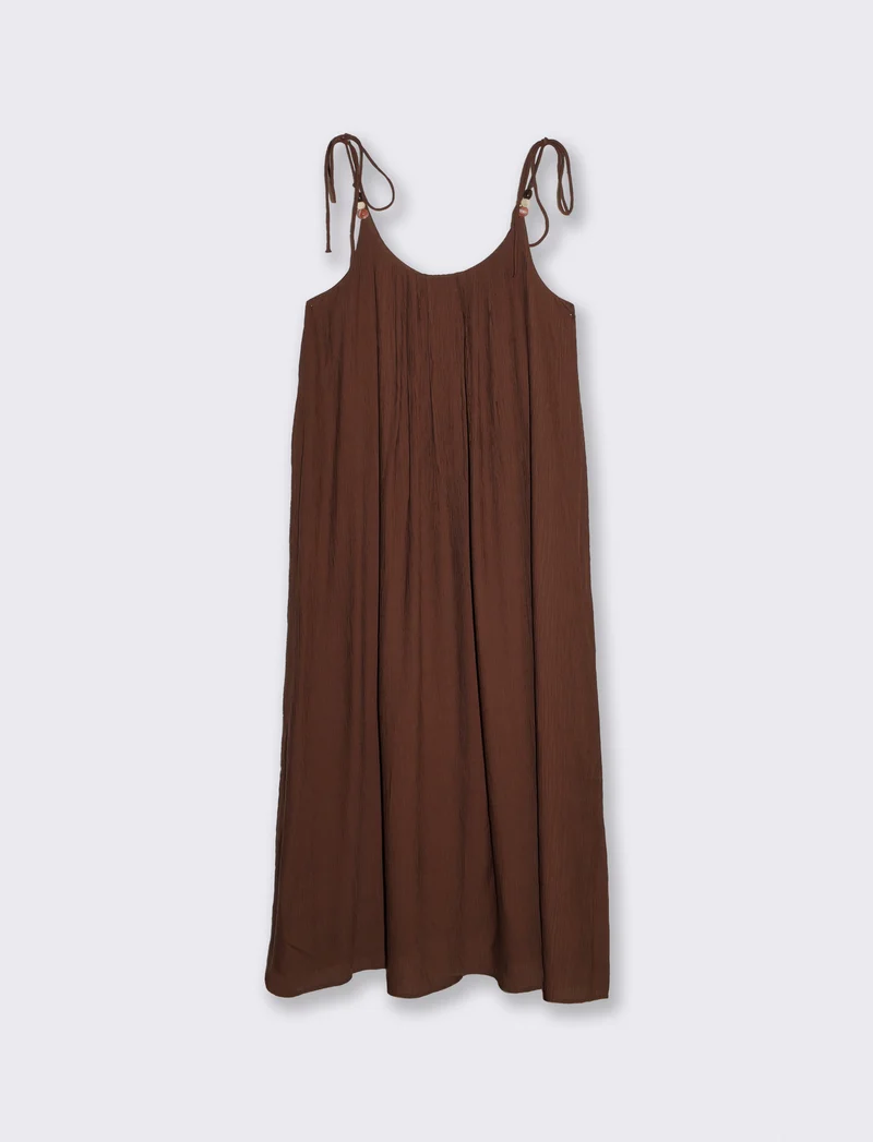 Vestito lungo leggero con pieghe e fiocco - Marrone cioccolato