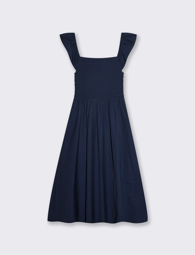 Abito lungo con busto smock e volant - Blu