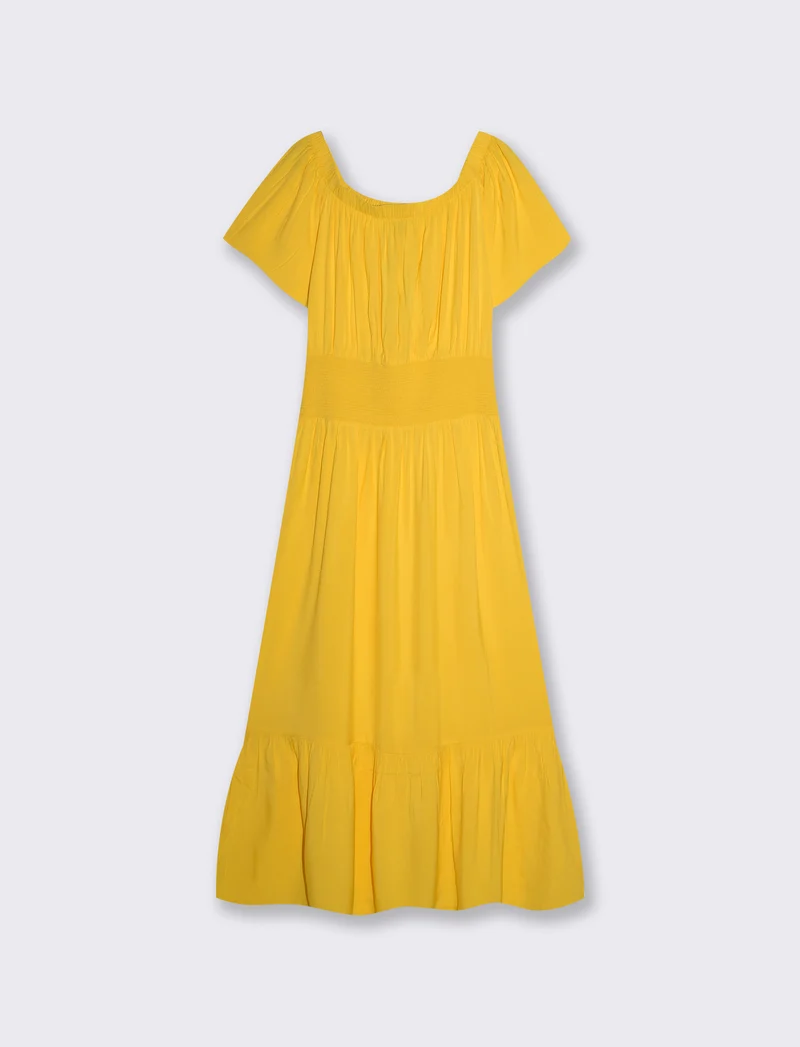 Vestito lungo off shoulder con arricciature - Giallo limone