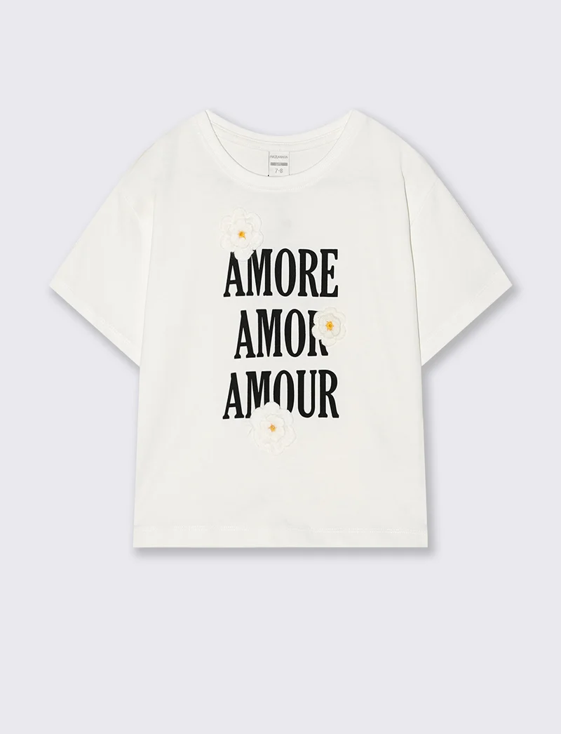 T-shirt over in cotone con fiori crochet - Bianco