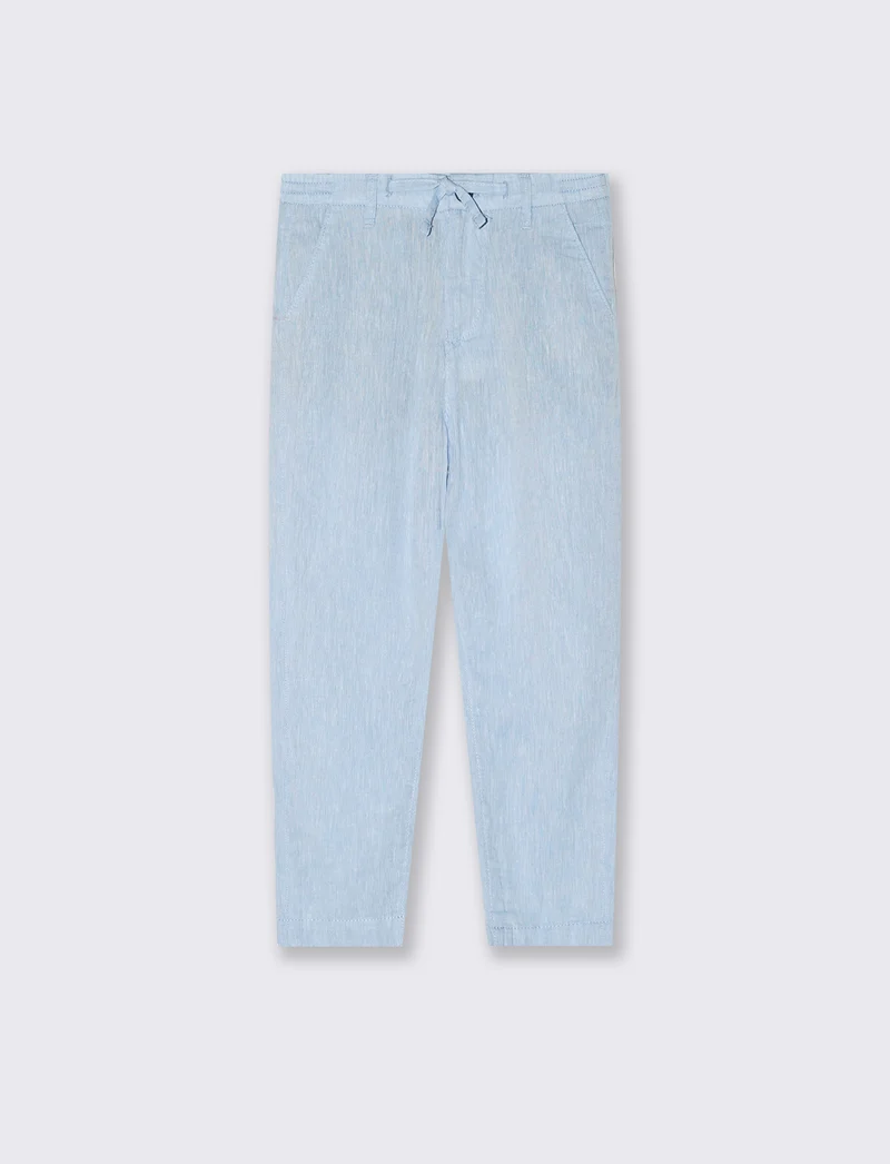 Pantaloni in lino con elastico e lacci - Celeste