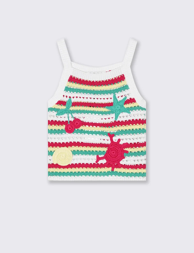 Top a righe con ricami in crochet - Multicolore