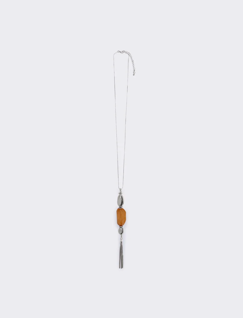 Collana lunga con pietra e nappina elegante - Marrone