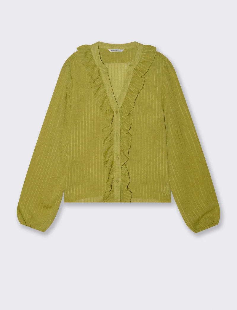 Camicia con Rouches e Collo Coreano - Verde pistacchio