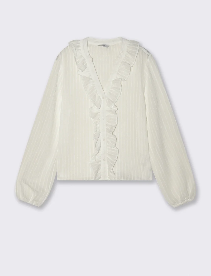 Camicia con Rouches e Collo Coreano - Avorio