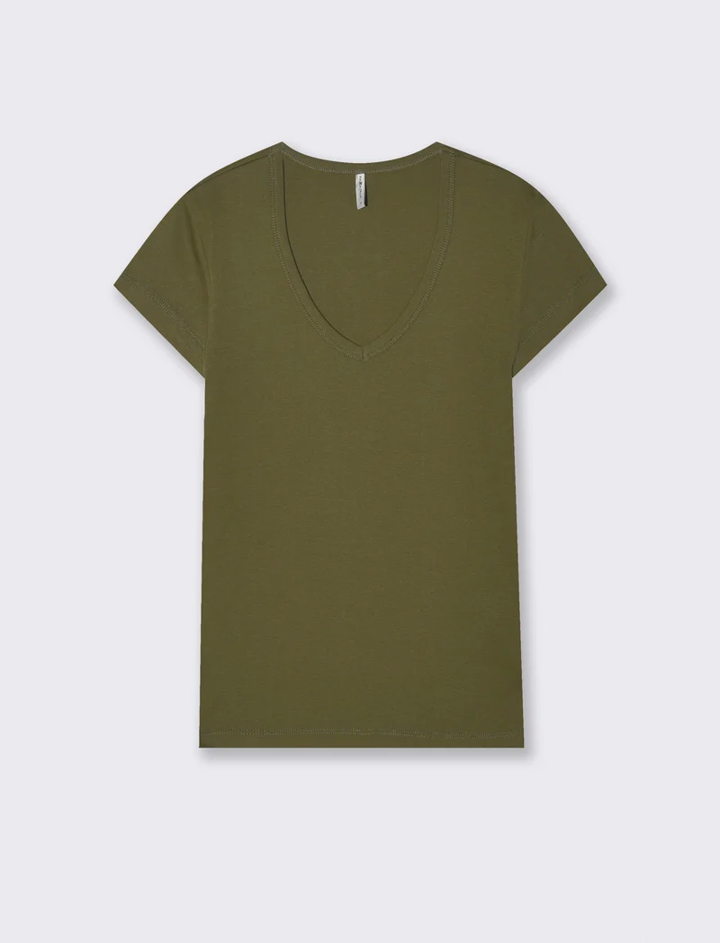 T-shirt basic a costine con scollo a V - Kaky 1