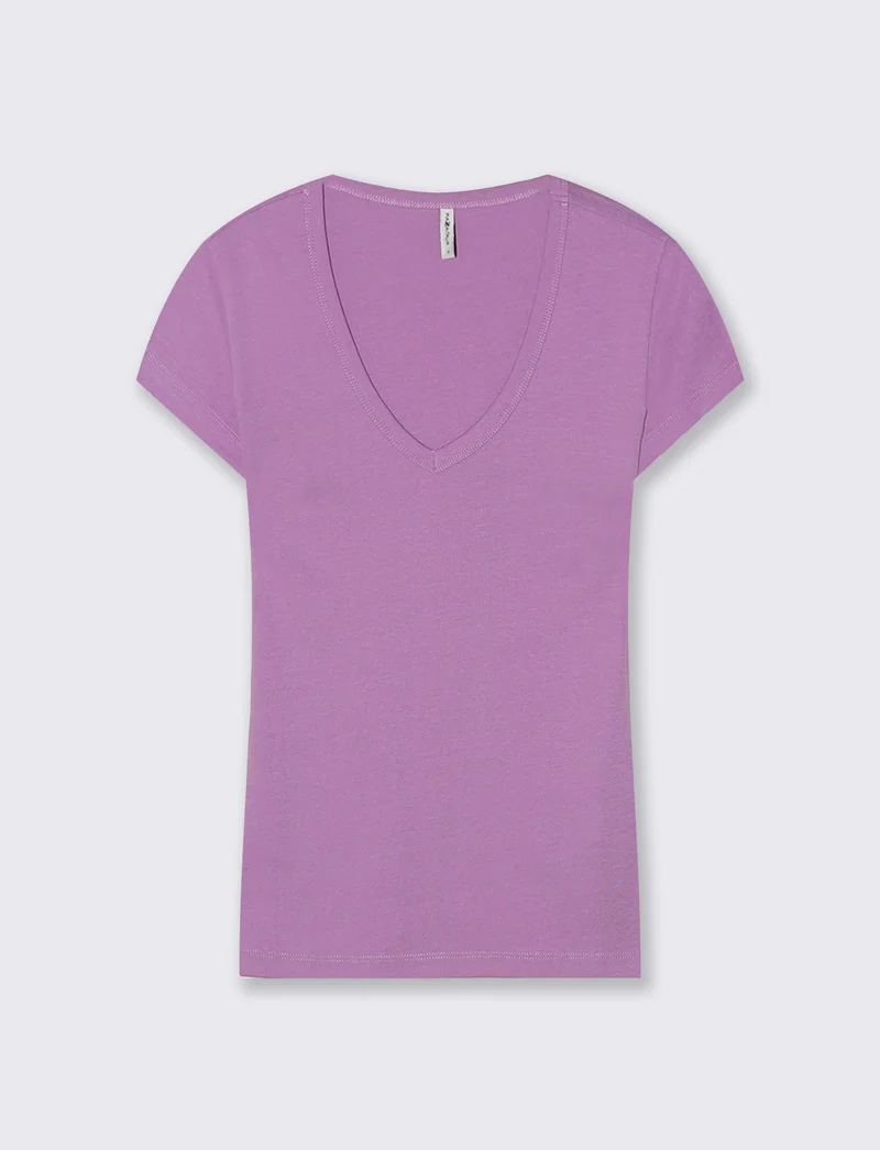 T-shirt basic a costine con scollo a V - Viola malva
