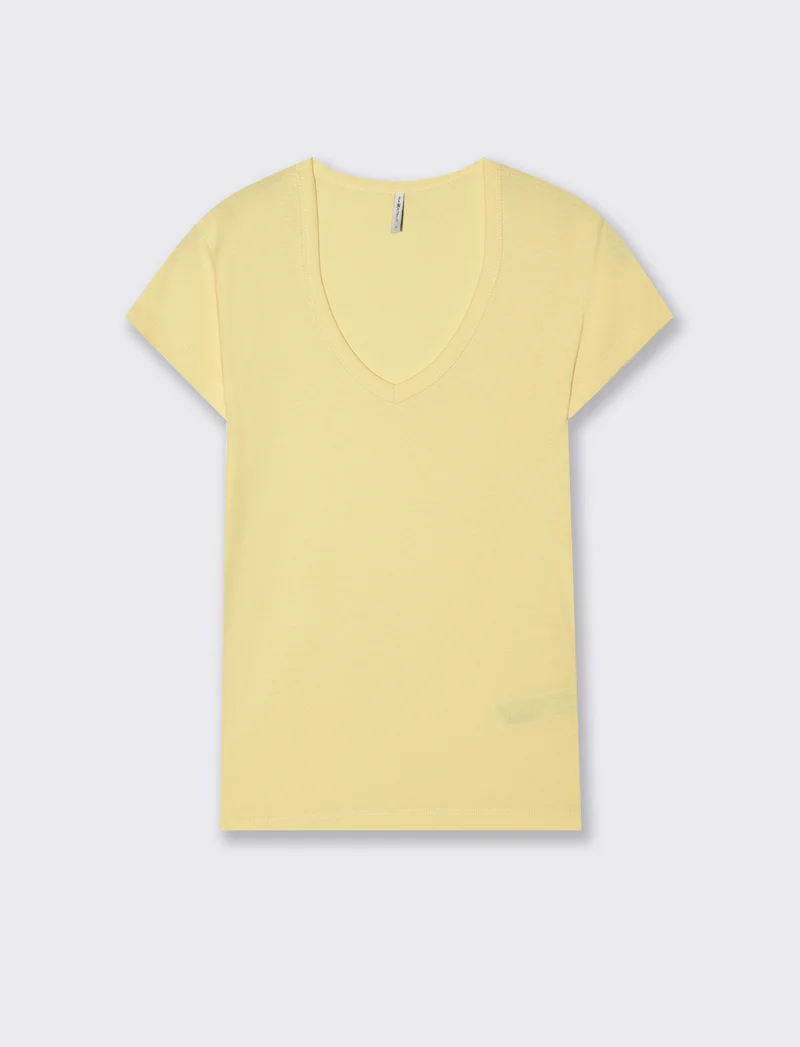 T-shirt basic a costine con scollo a V - Giallo