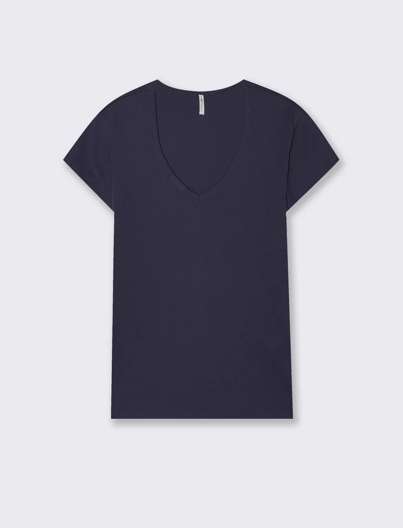 T-shirt basic a costine con scollo a V - Blu