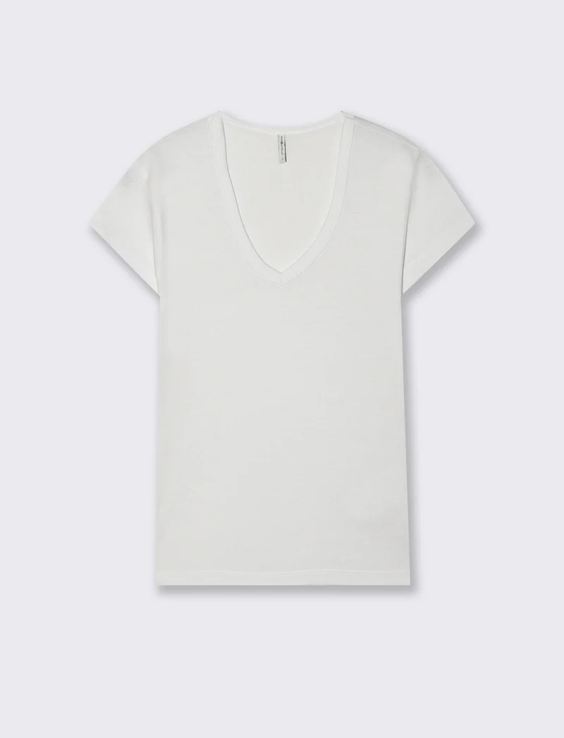 T-shirt basic a costine con scollo a V - Bianco