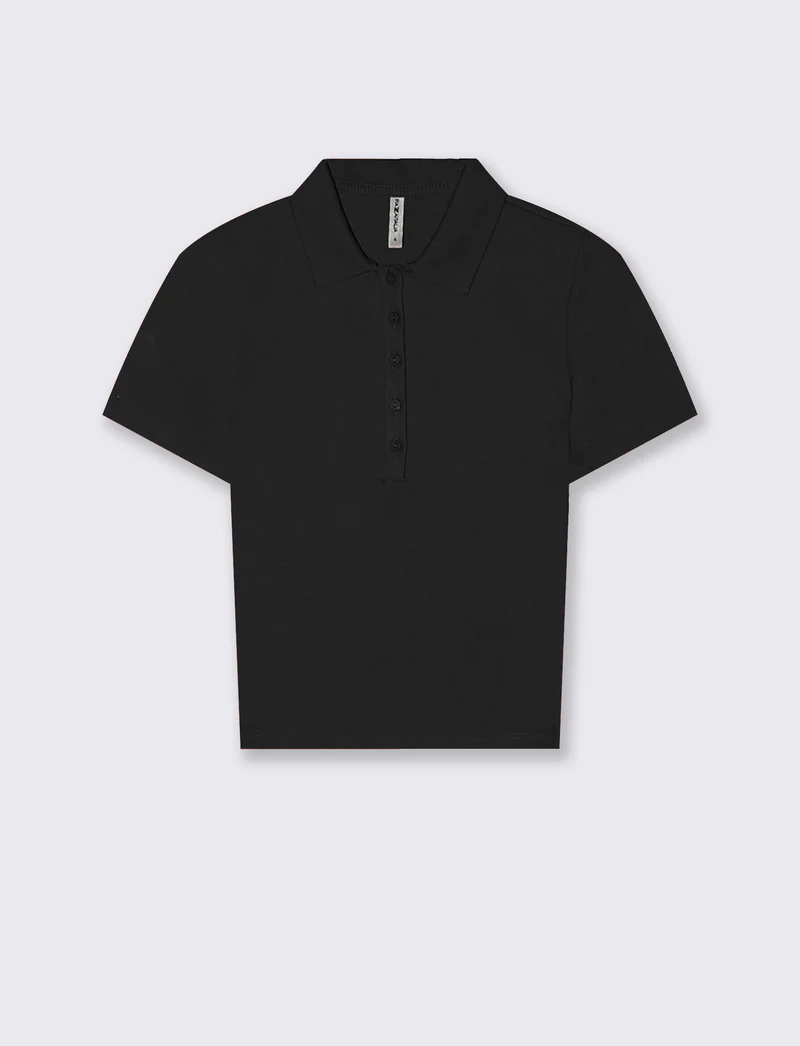 Polo a Coste Crop Mezza Manica - Nero