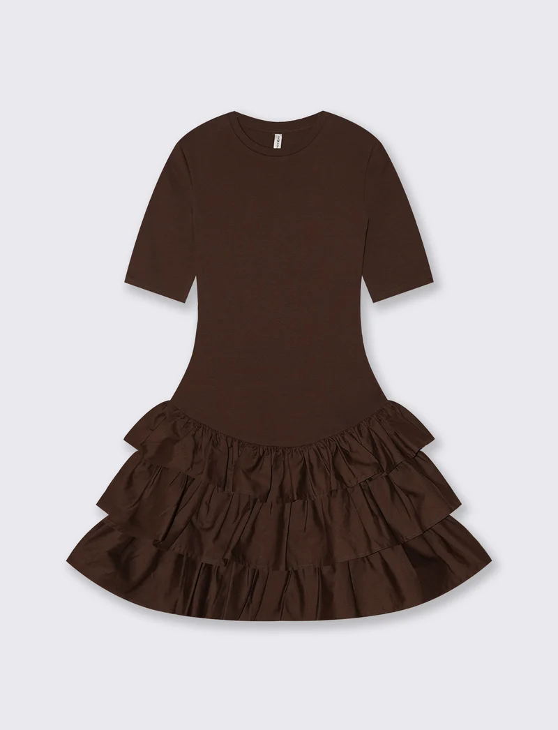 Vestito Corto Mezza Manica con Balze - Marrone cioccolato