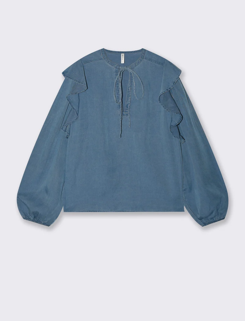 Blusa Manica Lunga con Scollo a V e Rouches - Denim