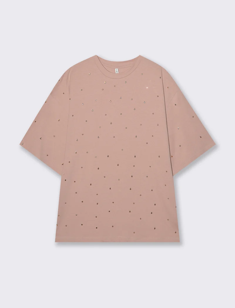 T-Shirt Manica Corta con Strass - Rosa antico