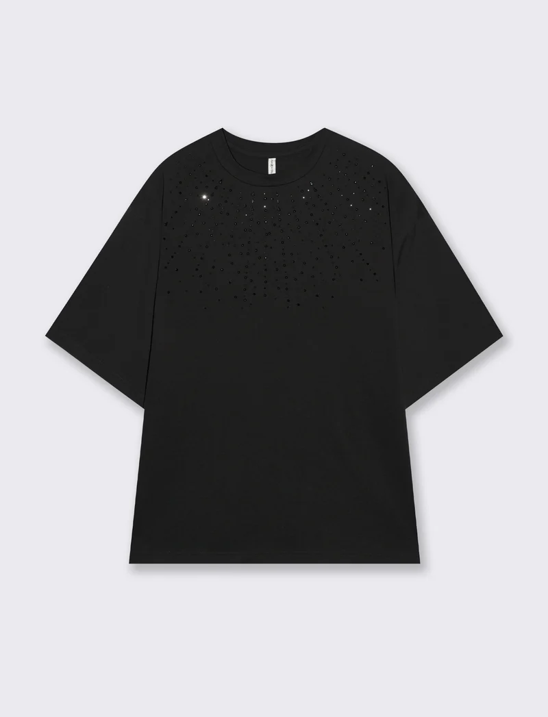 T-Shirt Manica Corta con Strass - Nero