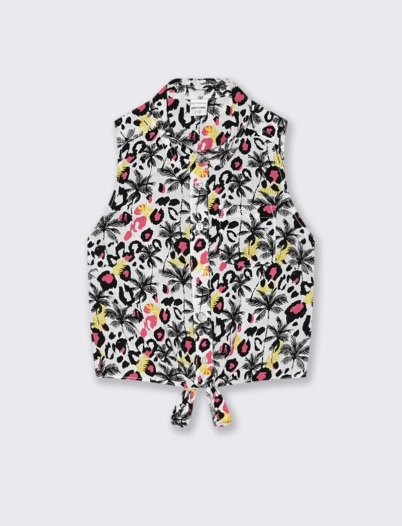 Camicia estiva bambina con fiocco e stampa - Bianco