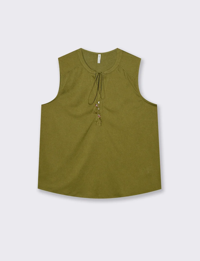 Camicia Giromanica con Scollo a V e Laccetto - Verde abete