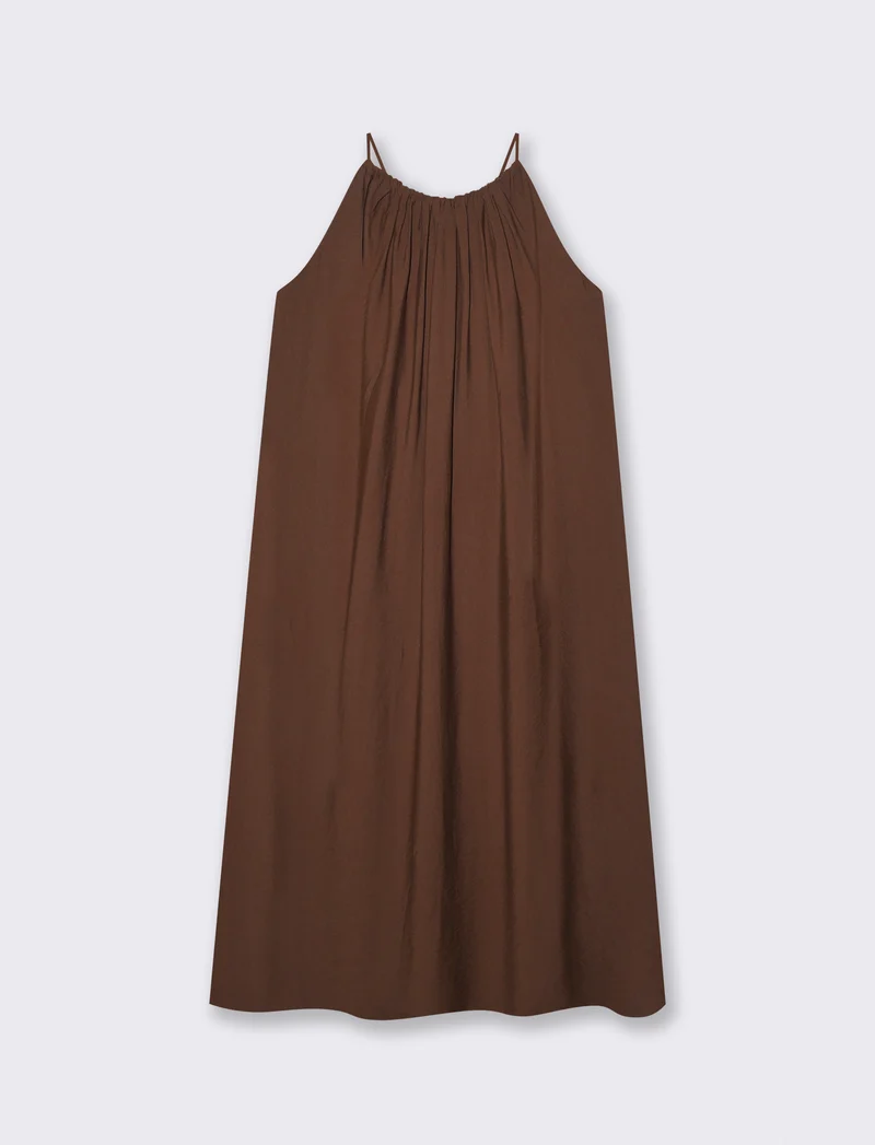 Vestito lungo con collo arricciato e svasato - Marrone cioccolato