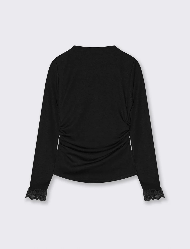 Tshirt manica lunga con pizzo a fondo manica - Nero